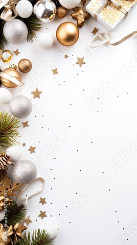 white background with Christmas decorations arranged along the border with room for text.