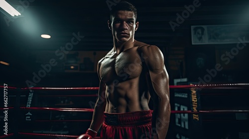 Model in a boxer's guard position, emphasizing upper body strength, set in a boxing ring © Filip