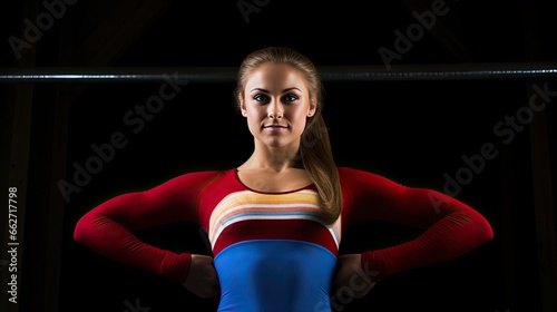 Model in a gymnast's position, emphasizing grace and discipline, set in a gymnastics hall