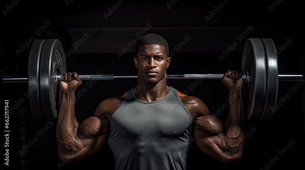 Model portraying a weightlifter's form, emphasizing bicep and forearm muscles, set in a weightlifting zone Model portraying a weightlifter's form, emphasizing bicep and forearm muscles, set in a weightlifting zone