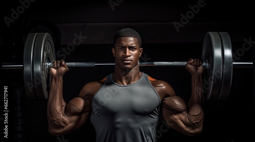 Model portraying a weightlifter's form, emphasizing bicep and forearm muscles, set in a weightlifting zone