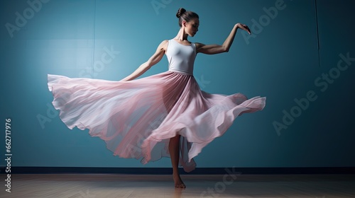 Model showcasing a dancer's leap, emphasizing calf muscles and grace, set in a dance studio