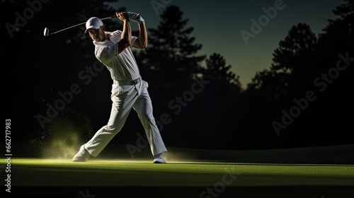 Model showcasing a golfer's swing stance, emphasizing form and technique, set on a golf course © Filip