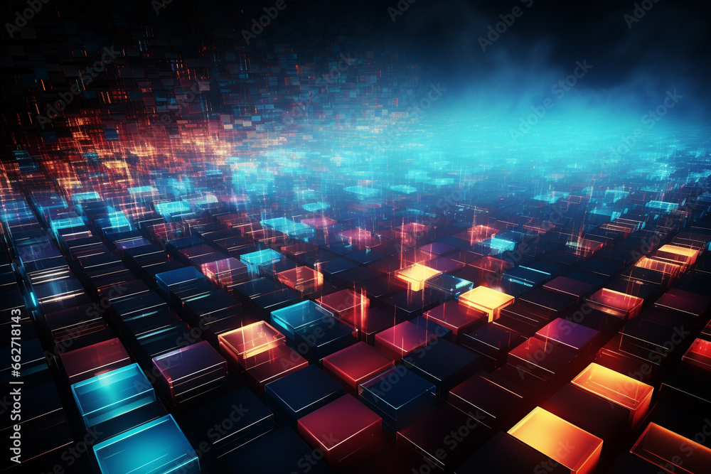Fototapeta premium Dynamic technology background with a captivating blue and orange color theme. Perfect for adding a modern and vibrant touch to your creative projects. Ai generated