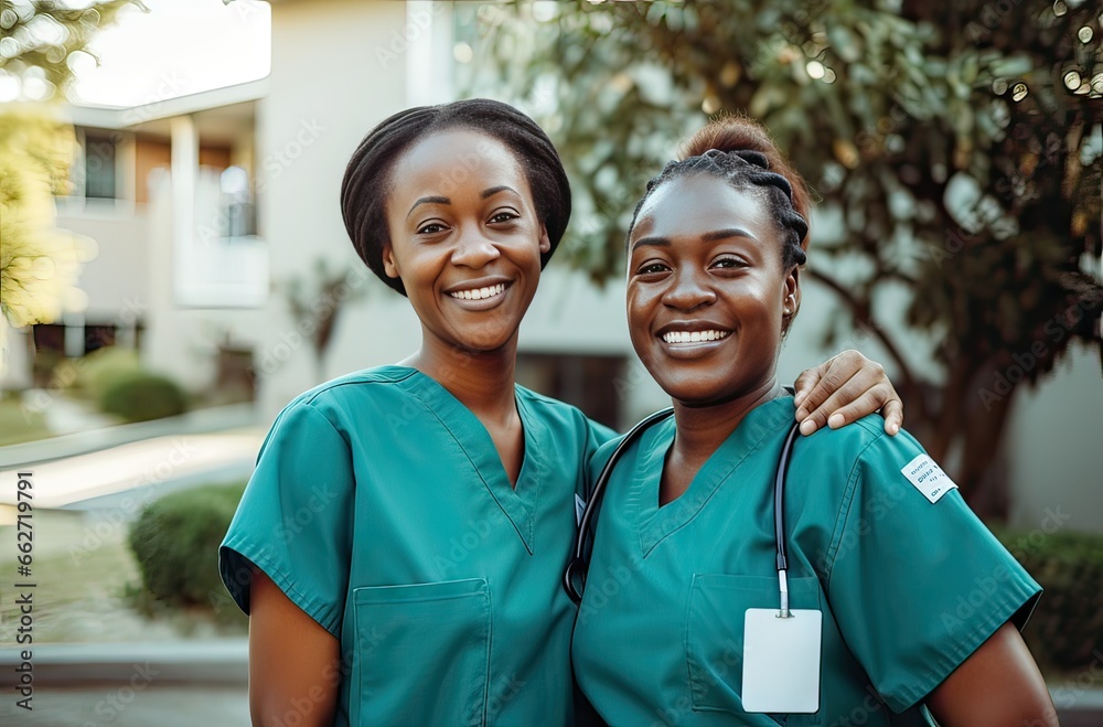 portrait of smiling black nurses outside the hospital, world black people's month, nursery concept