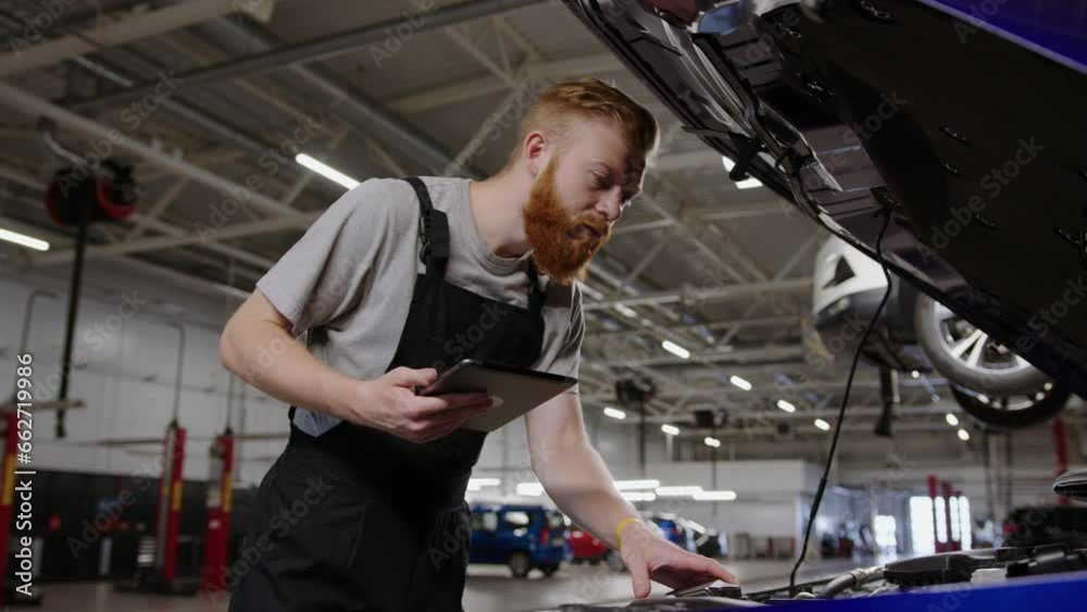 A male mechanic fills out an application for car repair on a tablet. Electronic system for registering repairs at a service station A male mechanic fills out an application for car repair on a tablet. Electronic system for registering repairs at a service station