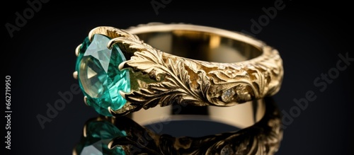 Green Apatite gemstone on a yellow gold ring photographed artistically With copyspace for text