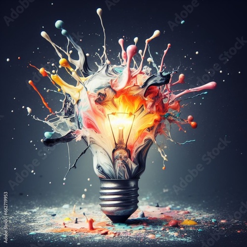 Electric light bulb exploding with paint and glass  a creative idea. Business and technology. Think different  concept. New thinking and brainstorming