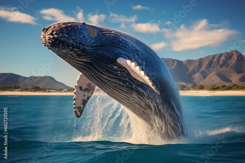 Majestic moment when a colossal blue whale breaches the ocean's surface, defying gravity in a breathtaking display of power and grace. Ai generated