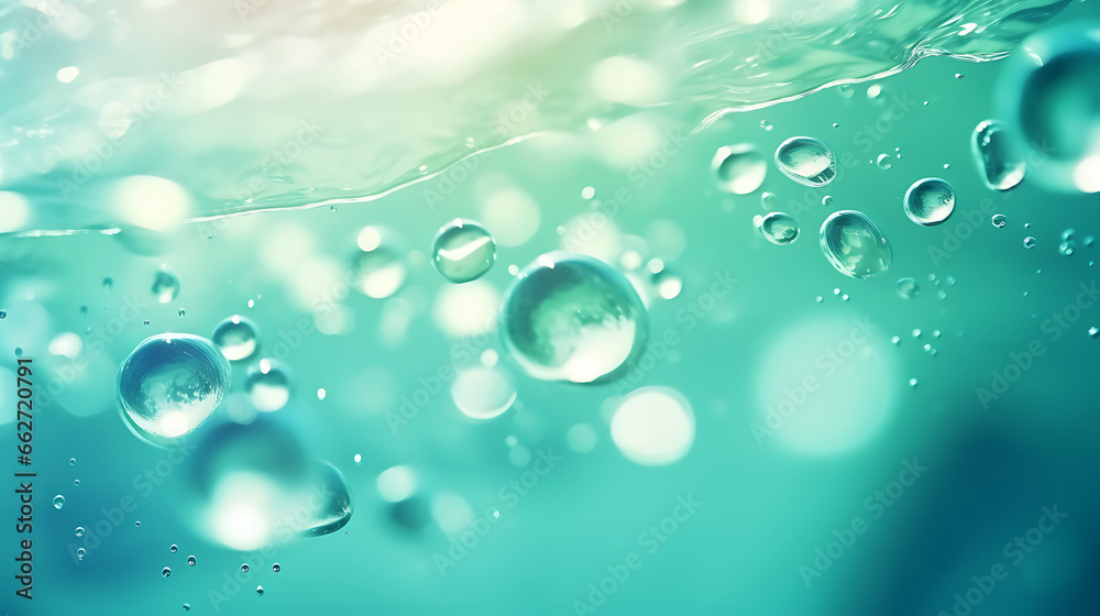 rendy summer nature banner. Defocused aqua-mint liquid colored clear water surface texture with splashes bubbles. Water waves in sunlight background