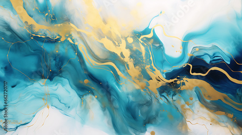 Abstract marble marbled ink painted painting texture luxury background banner illustration - Turquoise blue waves swirls gold painted splashes 3d lines