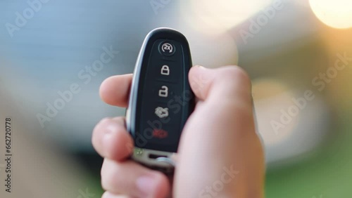 Close-up of Unlocking a Car with a Remote Key. Finger Pushing Unlock Button. Starting an Automobile