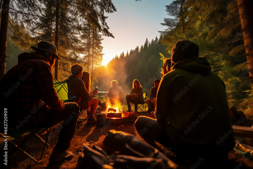 A group of people sitting in a campground around a campfire in the woods - obrazy, fototapety, plakaty 
