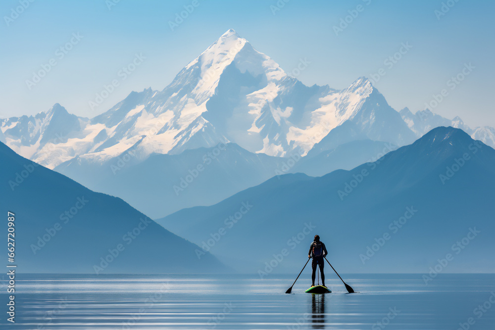 SUP board on the water in a paradise setting - obrazy, fototapety, plakaty 