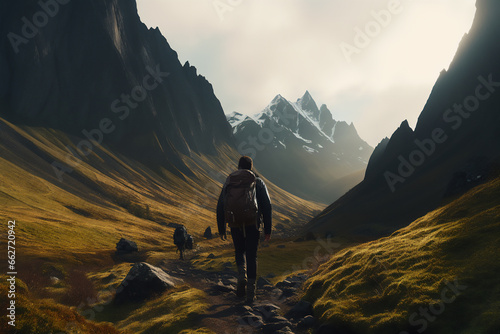 A man hiking through the mountains in nice weather. Wearing trekking clothes and mountain landscape in the background