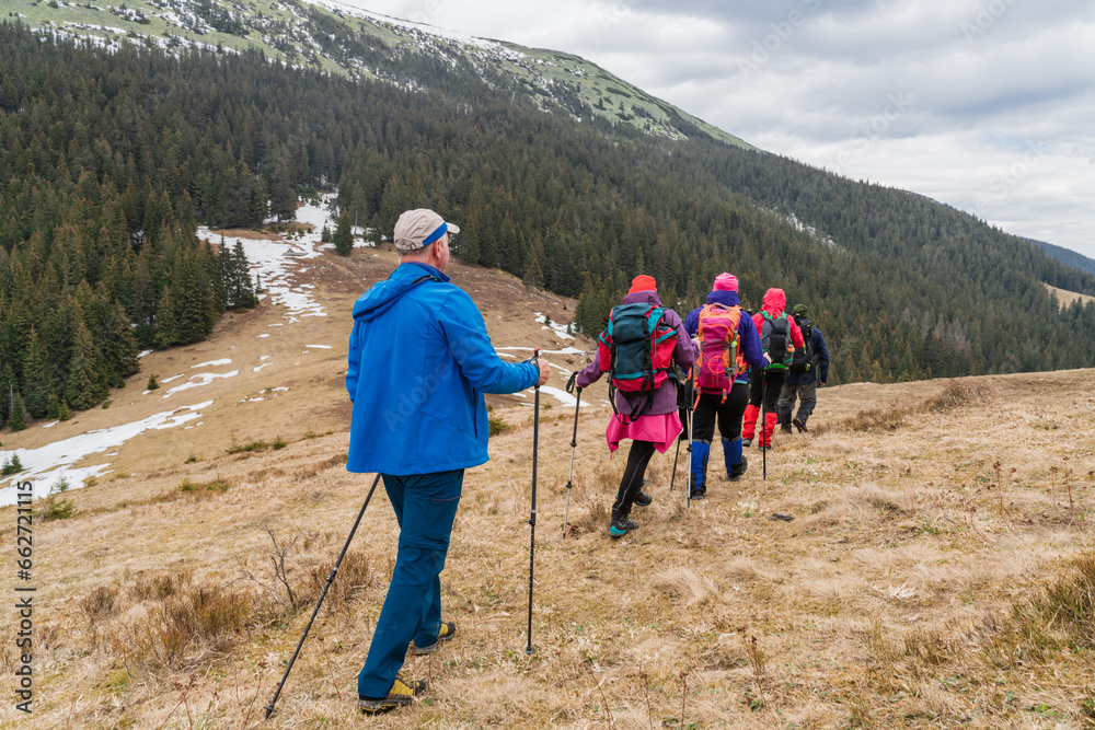 Diverse hikers with backpacks and nordic walking sticks