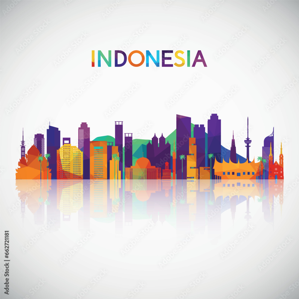 Indonesia skyline silhouette in colorful geometric style. Symbol for your design. Vector illustration.