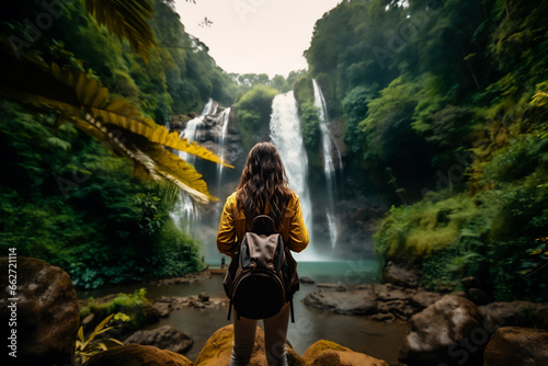 Woman seen from behind in paradise waterfall scenery