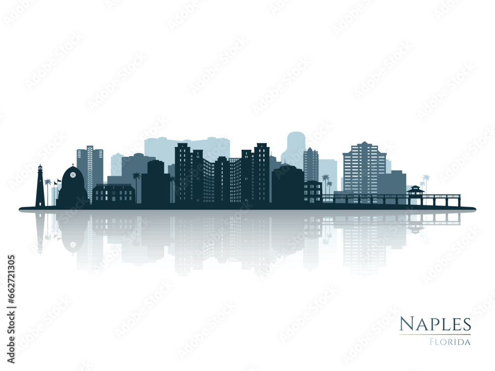 Naples skyline silhouette with reflection. Landscape Naples, Florida. Vector illustration.