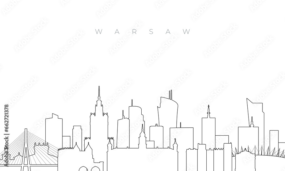 Outline Warsaw skyline. Trendy template with Warsaw buildings and landmarks in line style. Stock vector design.