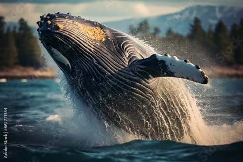 Majestic moment when a colossal blue whale breaches the ocean's surface, defying gravity in a breathtaking display of power and grace. Ai generated © twindesigner