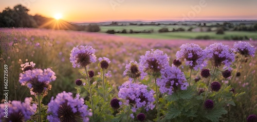 In the fading light of day  the landscape is transformed into a dreamlike vision  with pink flowers reaching towards the sky  the radiant sunset lending an otherworldly ai generated