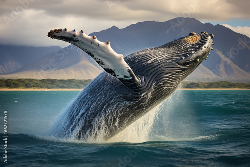 Majestic moment when a colossal blue whale breaches the ocean's surface, defying gravity in a breathtaking display of power and grace. Ai generated © twindesigner