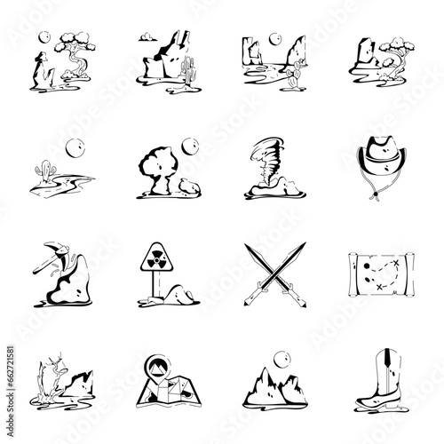 Captivating Glyph Icons of Desert and Cowboy Elements 

