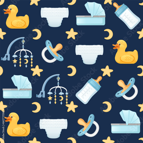 Seamless pattern of items for baby care carriage milk bottle and toys vector illustration on dark background