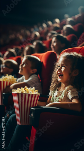 Kids laugh and enjoy a movie, munching on popcorn in the cinema