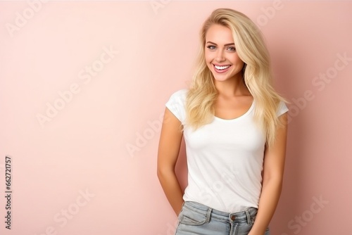 Crisp Elegance: Attractive Female in White T-shirt on a Minimal Background