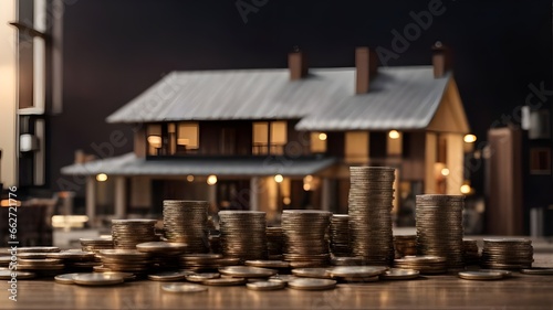 In a cozy miniature house, a table is adorned with a stack of coins, symbolizing sound financial planning and the dream of home ownership ai generated