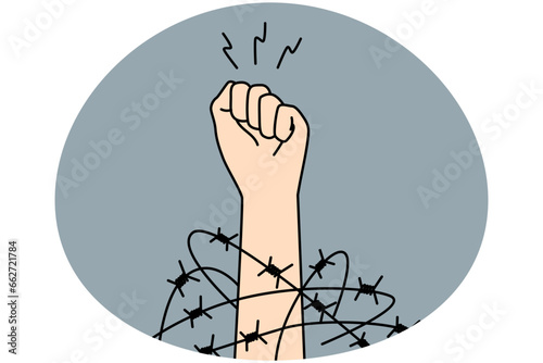 Close-up of hand in fist in wires thrive for independence and freedom. Raised hand with clenched fist fight for human rights. Vector illustration.