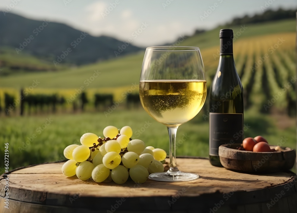 a freshly harvested wine, made from luscious grapes, is cradled on a rustic wooden barrel, a symbol of nature's bounty and the craftsmanship that transforms it into a drink to savor