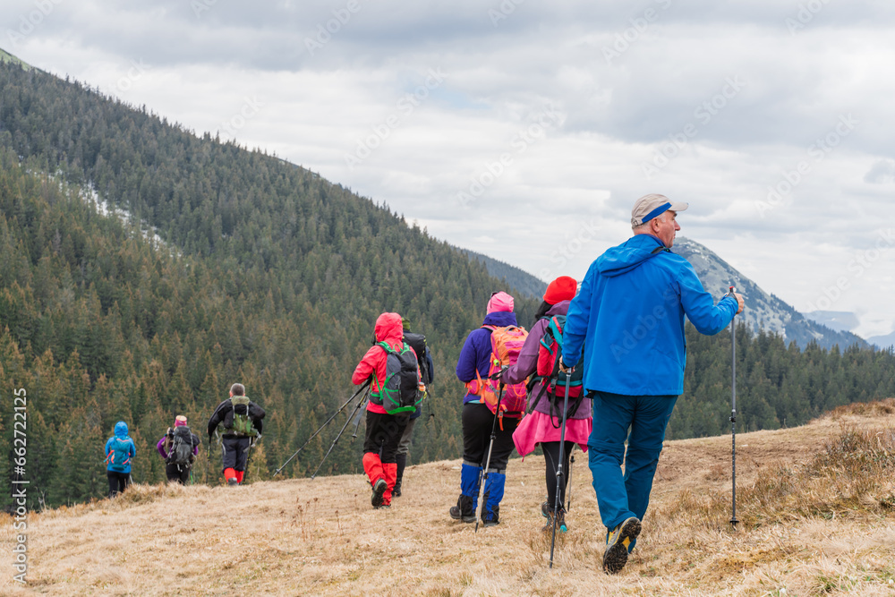 Diverse hikers with backpacks and nordic walking sticks