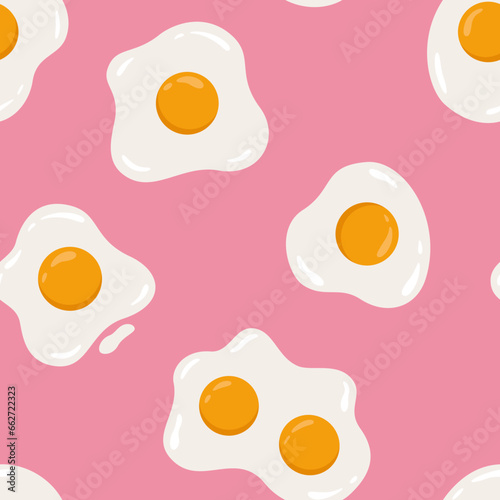 Seamless pattern with different shaped fried eggs on pink background. Diet or healthy food theme. Vector illustration.