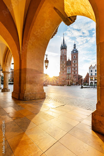 Cracow, Poland old town and St. Mary's Basilica seen from Cloth hall at sunrise © Photocreo Bednarek