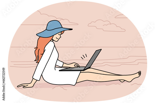 Happy female sit on seashore browse internet on computer freelancing on summer vacation. Vector illustration.