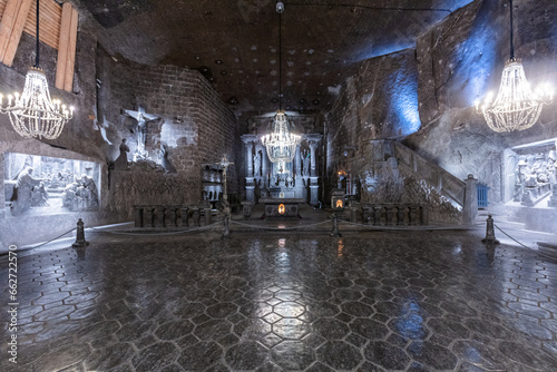 Inside of the historic salt mine in Wieliczka, Poland.