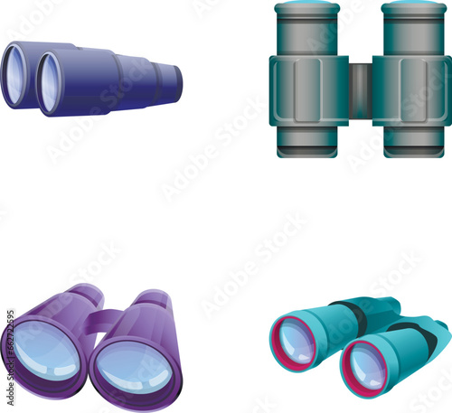 Binocular icons set cartoon vector. Binocular of different shape. Modern optical equipment