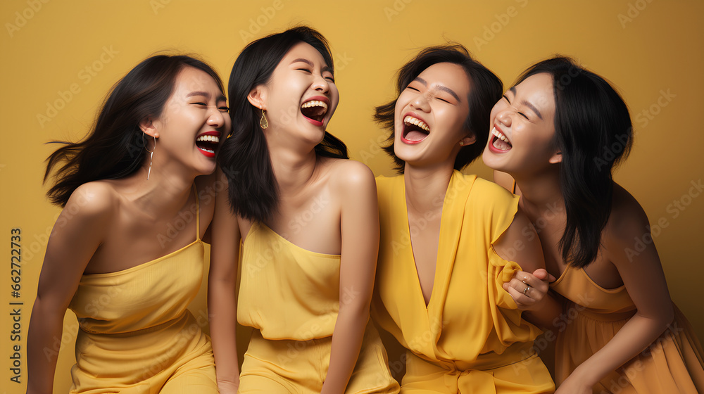 Asian female group laugh on yellow blackground Asian female group laugh on yellow blackground