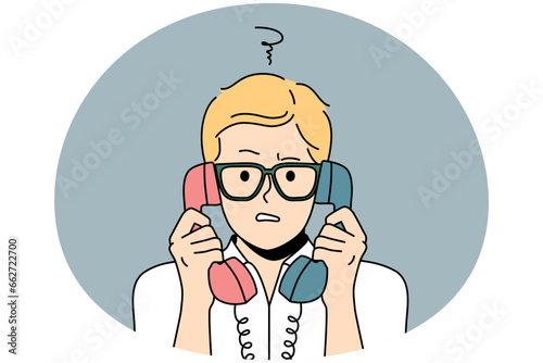 Confused man with landline phones headsets feel frustrated talking. Distressed guy in glasses shocked speaking on corded telephone. Vector illustration.