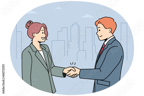 Smiling businesspeople handshake greeting getting acquainted. Happy business partners shake hands close deal or make agreement. Vector illustration.
