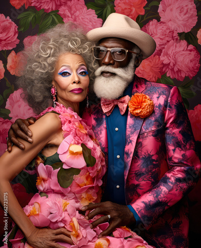 A modern and fashionable loving couple, grandma and grandpa are bursting with love, hugs and anti-aging laughter. A love that lasts forever, an extravagant unique outfit.