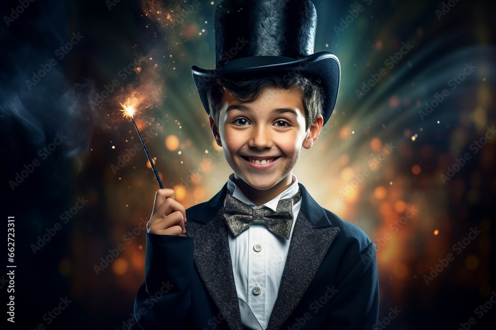 Young Magician with Magic Wand and Top Hat. Generative ai - obrazy, fototapety, plakaty 