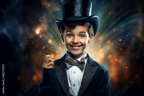 Young Magician with Magic Wand and Top Hat. Generative ai photo