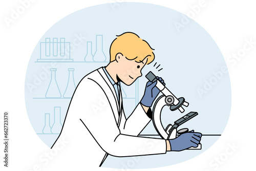 Young man scientist in white medical uniform look at sample in microscope in lab. Male researcher examine specimen in laboratory. Medicine and biotechnology. Vector illustration.