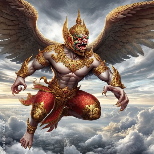 Garuda has the body of a person, the back of a bird and has wings. A deity in Indian and Buddhist mythology. photo