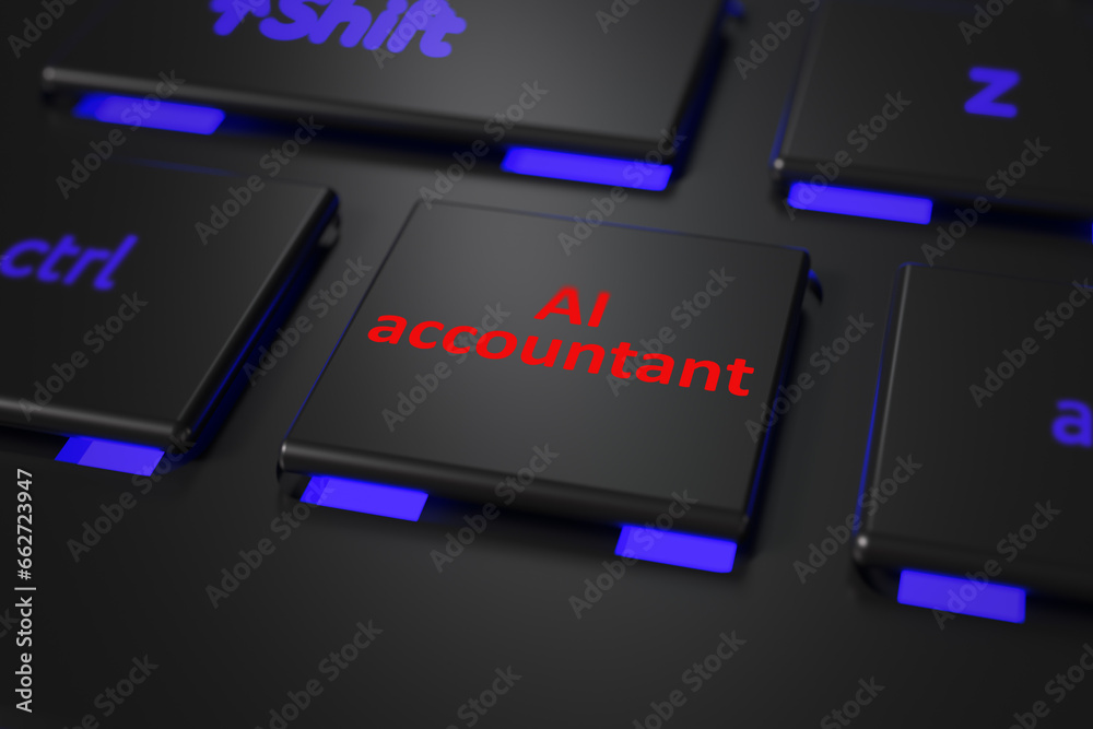 Illustration with a close-up of a keyboard and a AI accountant button. Background on the topic of easy management of accounting and taxes using artificial intelligence.