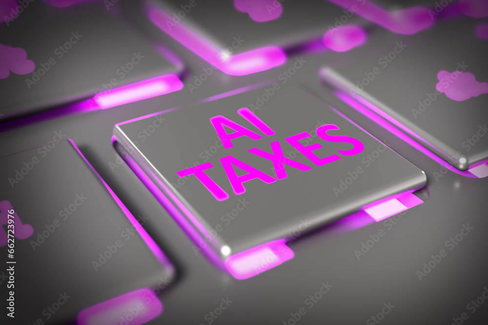 Illustration with a close-up of the keyboard and the AI TAXES button. Background on the topic of tax management using artificial intelligence. Financial management using AI.